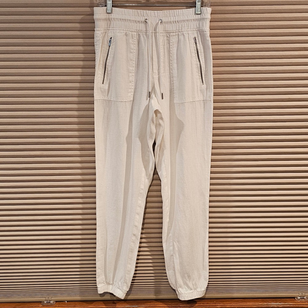 Athleta Cabo Linen Jogger Pants Cream White Size 6 Drawstring Elastic Waist